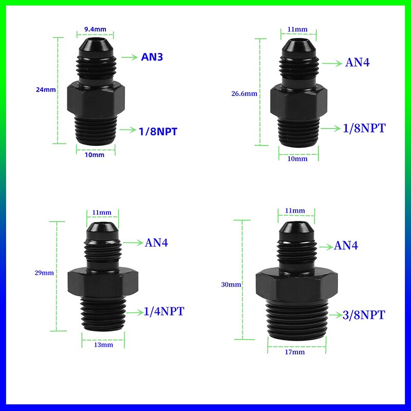 Black Straight Thread AN Flare to NPT Male Adapter Fuel Oil Air Hose