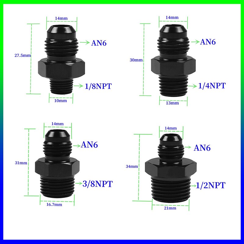 Black Straight Thread AN Flare to NPT Male Adapter Fuel Oil Air Hose